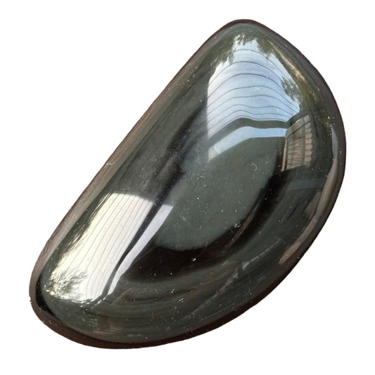 Rainbow Obsidian palmstone showing its smooth, glossy surface and rich dark hues, perfect for meditation and healing.