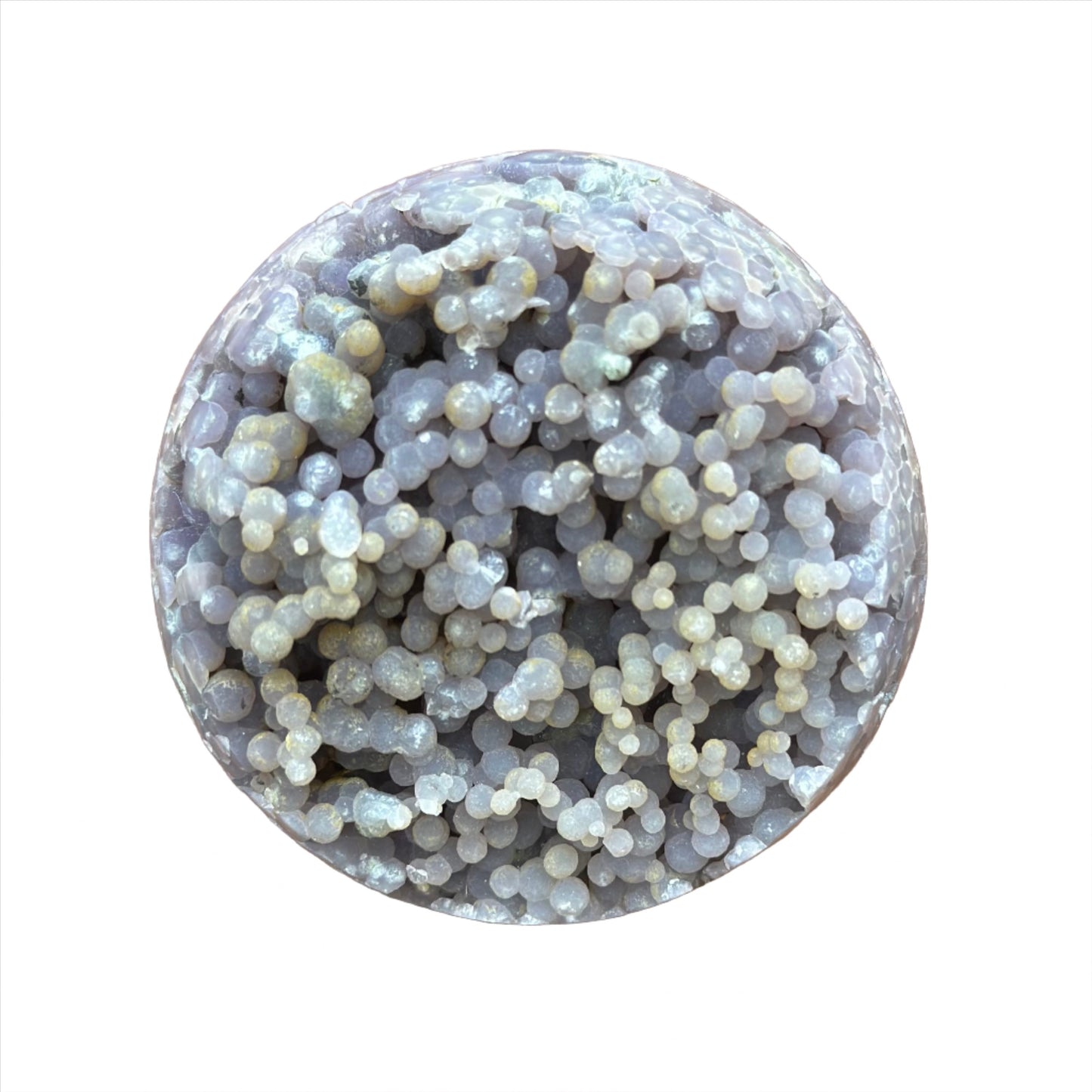 Grape agate sphere 243g with unique bubbly texture, promotes calmness and emotional balance, approximately 2.4 inches diameter.