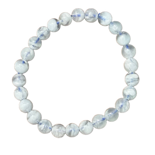 Delicately crafted aquamarine bracelet with 5-8mm light blue beads known for soothing and healing properties.