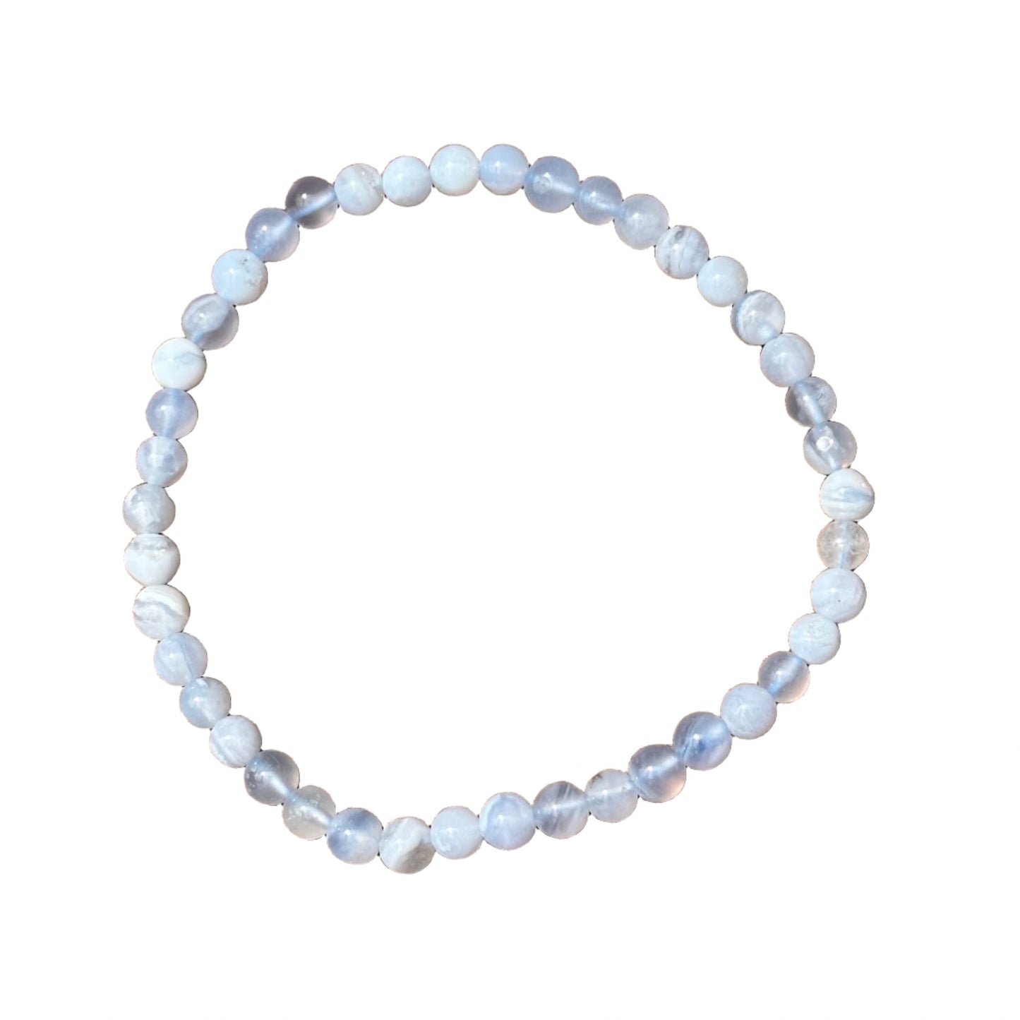 Blue Lace Agate Bracelet with 4 mm beads, known for calming effects and promoting self-assurance, ideal for public speaking and healing.