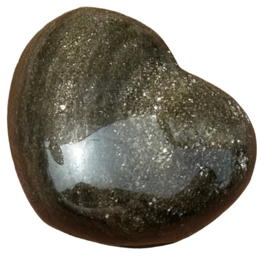 Golden sheen obsidian puff heart stone showcasing its smooth surface and natural shine, representing healing properties.