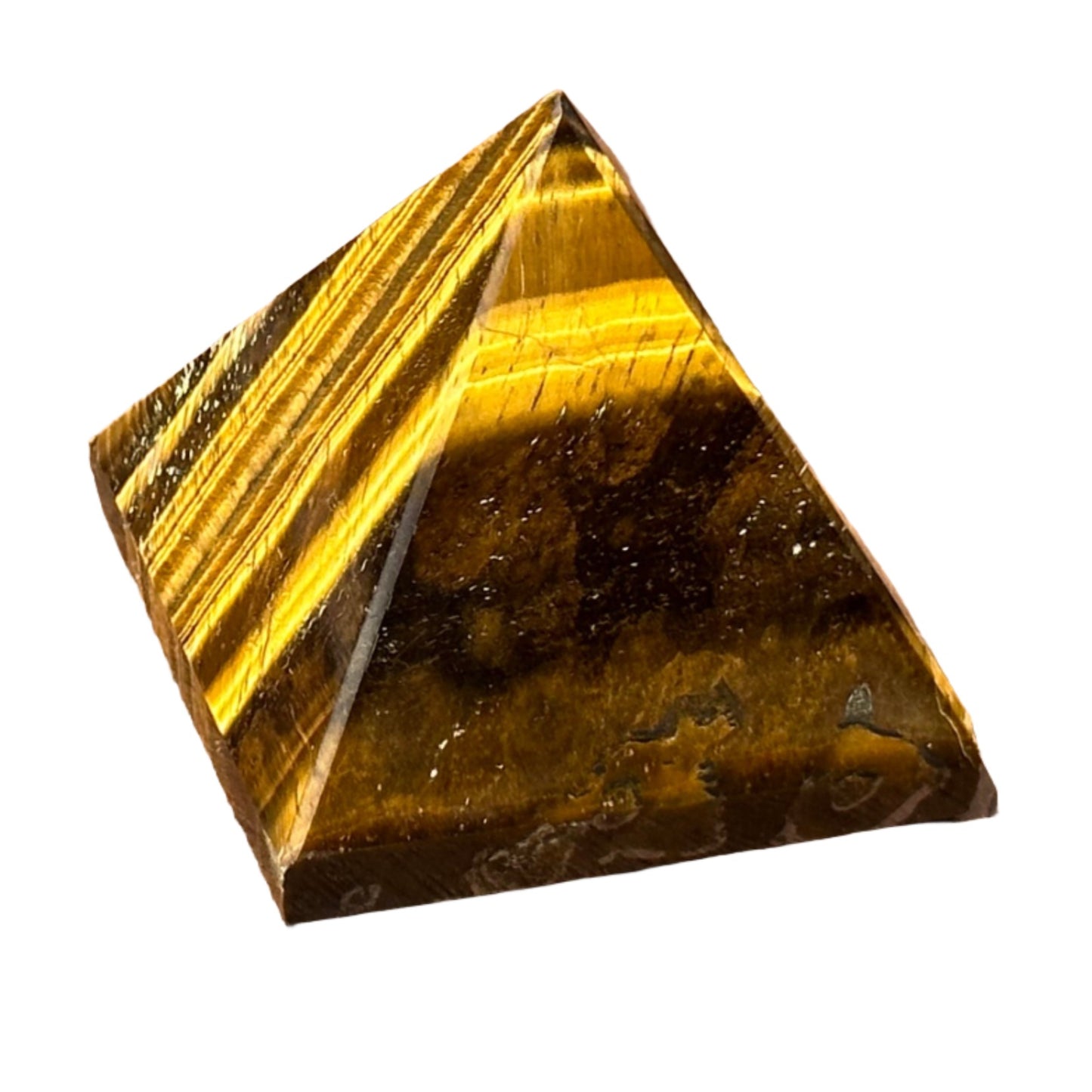 Tiger Eye Pyramid stone for focus, protection, and healing, promoting good luck and emotional balance.