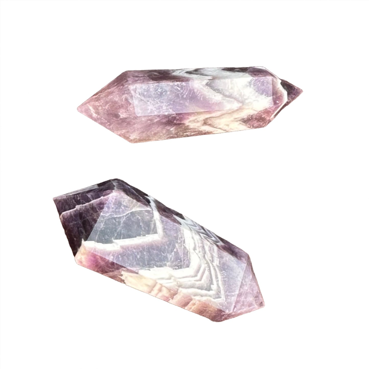 Chevron amethyst double terminated points weighing 20-30g with lavender and white hues, showcasing natural crystal formations.