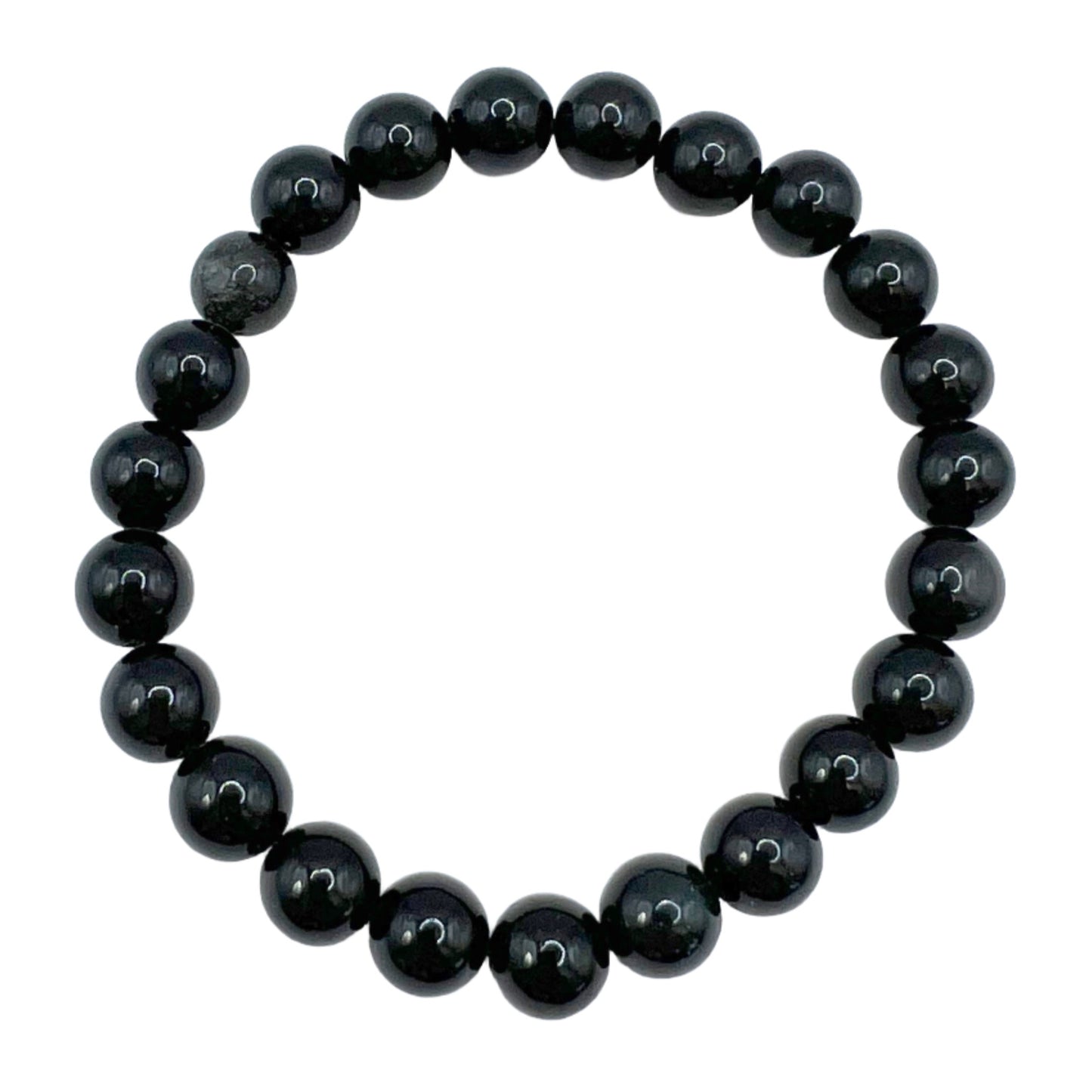 Rainbow Obsidian bracelet with 8mm beads arranged in a circular pattern, showcasing its glossy black finish.
