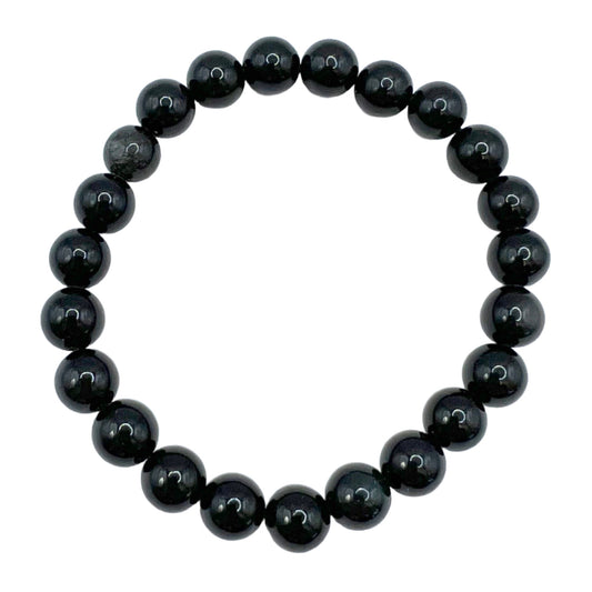 Rainbow Obsidian bracelet with 8mm beads arranged in a circular pattern, showcasing its glossy black finish.