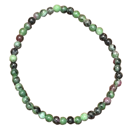 Ruby Zoisite Bracelet 4mm showcasing vibrant green and red crystals, ideal for promoting happiness and wellbeing.