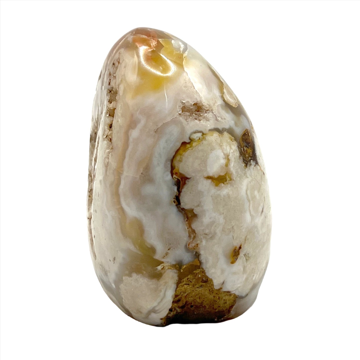 Flower Agate Free Form crystal with light pink hues and delicate inclusions, known for its healing properties for mind and body.