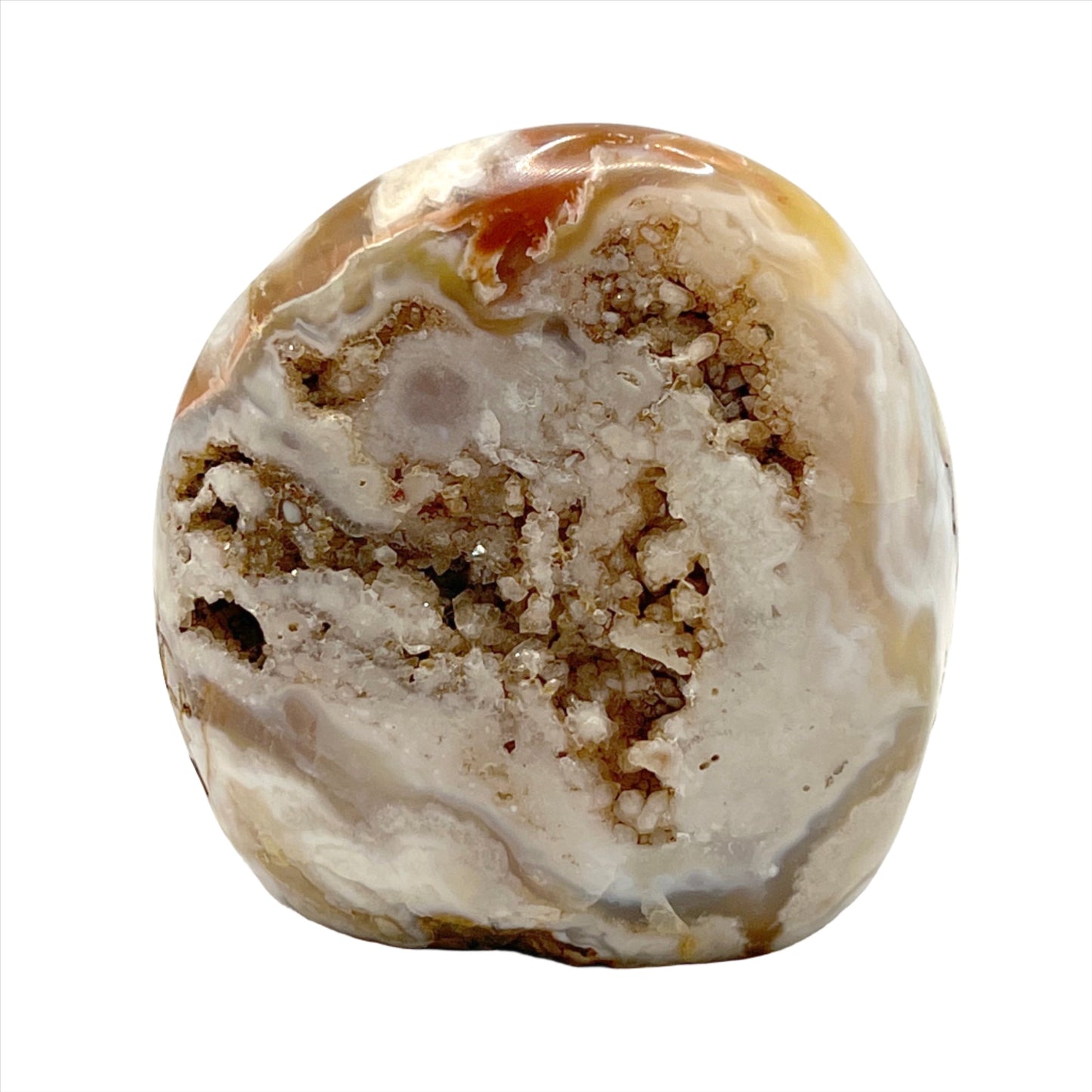 Flower Agate Free Form crystal with light pink hues and delicate inclusions, known for its healing properties for mind and body.