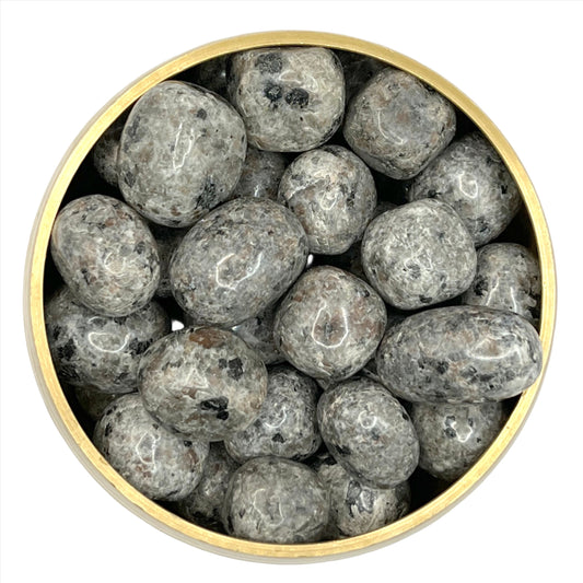 Larvakite tumbled stones in a round container, dark-grey with black specks, used for healing and relaxation.