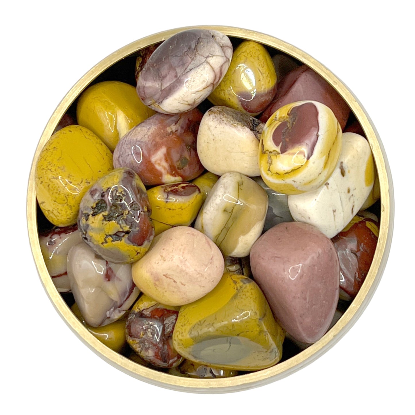 Bowl of polished Mookaite tumbled stones in various colors, promoting tranquility and adaptability.