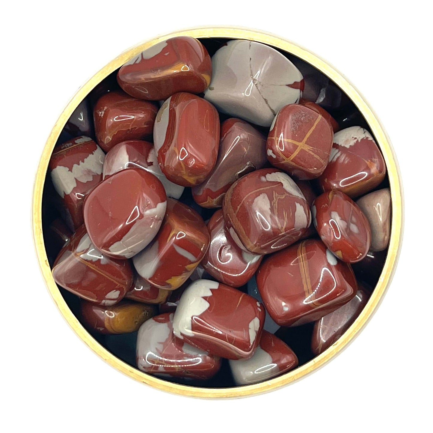 Noreena Jasper tumbled stones in a bowl, showcasing red and beige hues, ideal for healing and discovery, size 20-30mm.