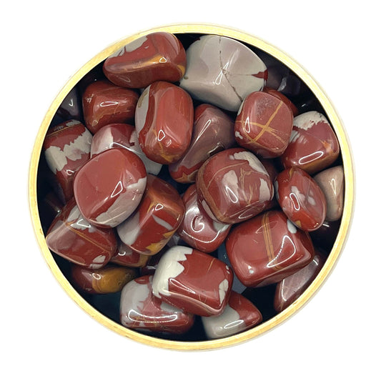 Noreena Jasper tumbled stones in a bowl, showcasing red and beige hues, ideal for healing and discovery, size 20-30mm.