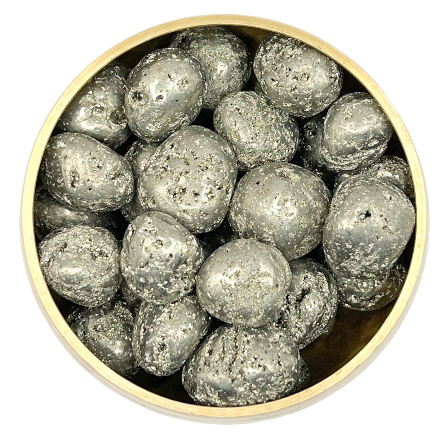 Bowl of shiny pyrite tumbled stones with healing properties for mind and body, enhancing respiratory health and metabolism.