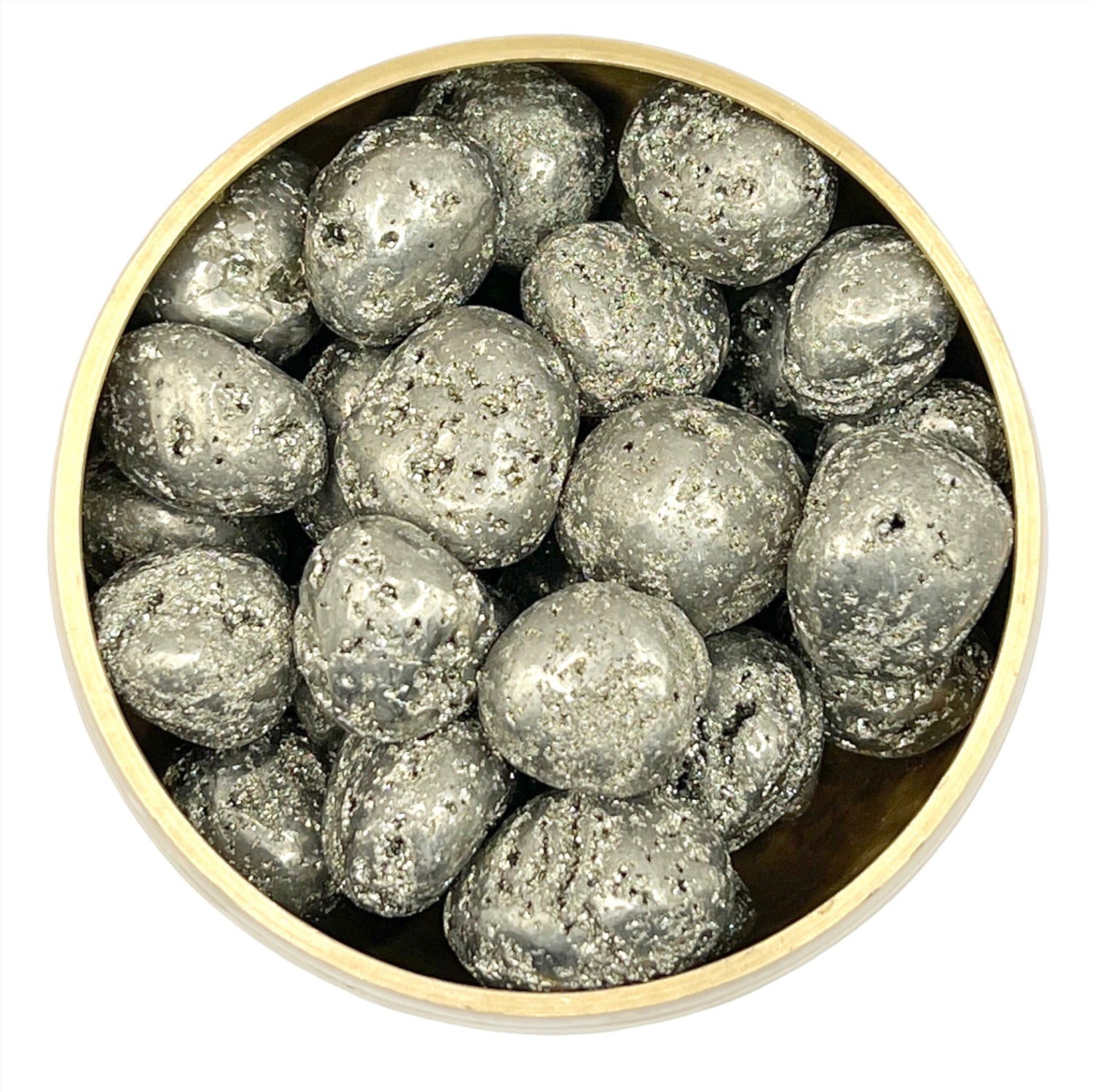 Bowl of shiny pyrite tumbled stones with healing properties for mind and body, enhancing respiratory health and metabolism.