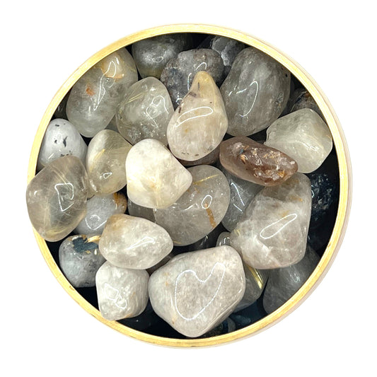 Rutilated Quartz tumbled stones in a wooden bowl, showcasing their smooth texture and natural patterns, size 20-30 mm.