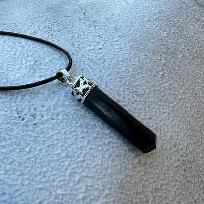 Black Tourmaline Pencil Pendant Sterling Silver Necklace
