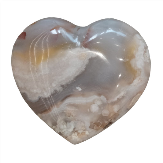 Flower Agate Heart 232g crystal with pink hues and delicate inclusions for healing, relaxation, and youthful energy.