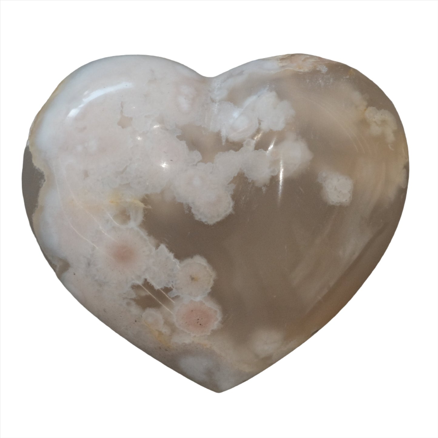 Heart-shaped Flower Agate crystal with light pink hues and delicate inclusions for healing and relaxation, 238g.