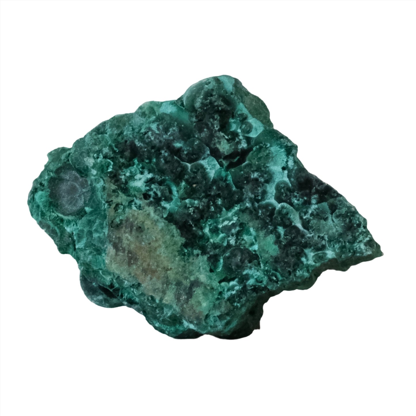 Natural raw malachite stone weighing 62g, showcasing its vibrant green color and unique texture, known for healing properties.