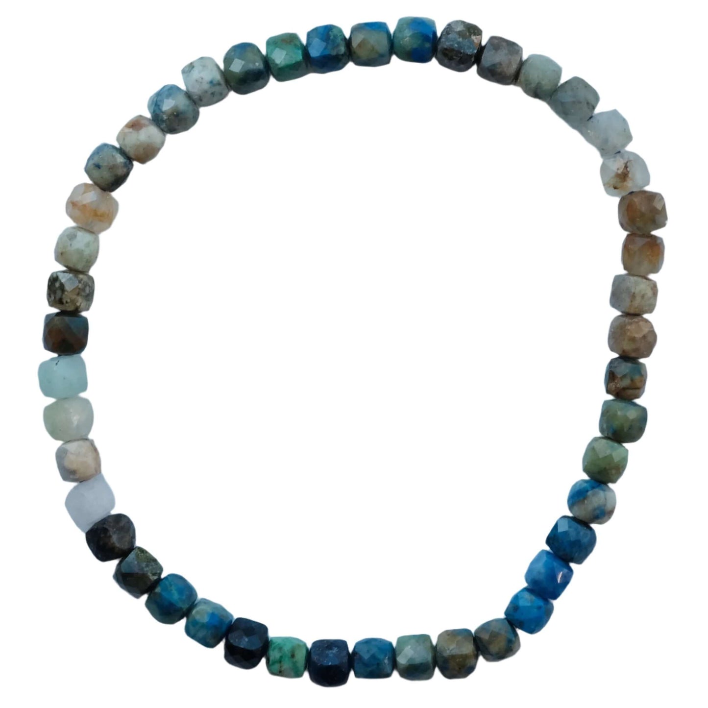 Chrysocolla cube bracelet for throat chakra and clear communication with blue and green gemstone beads.