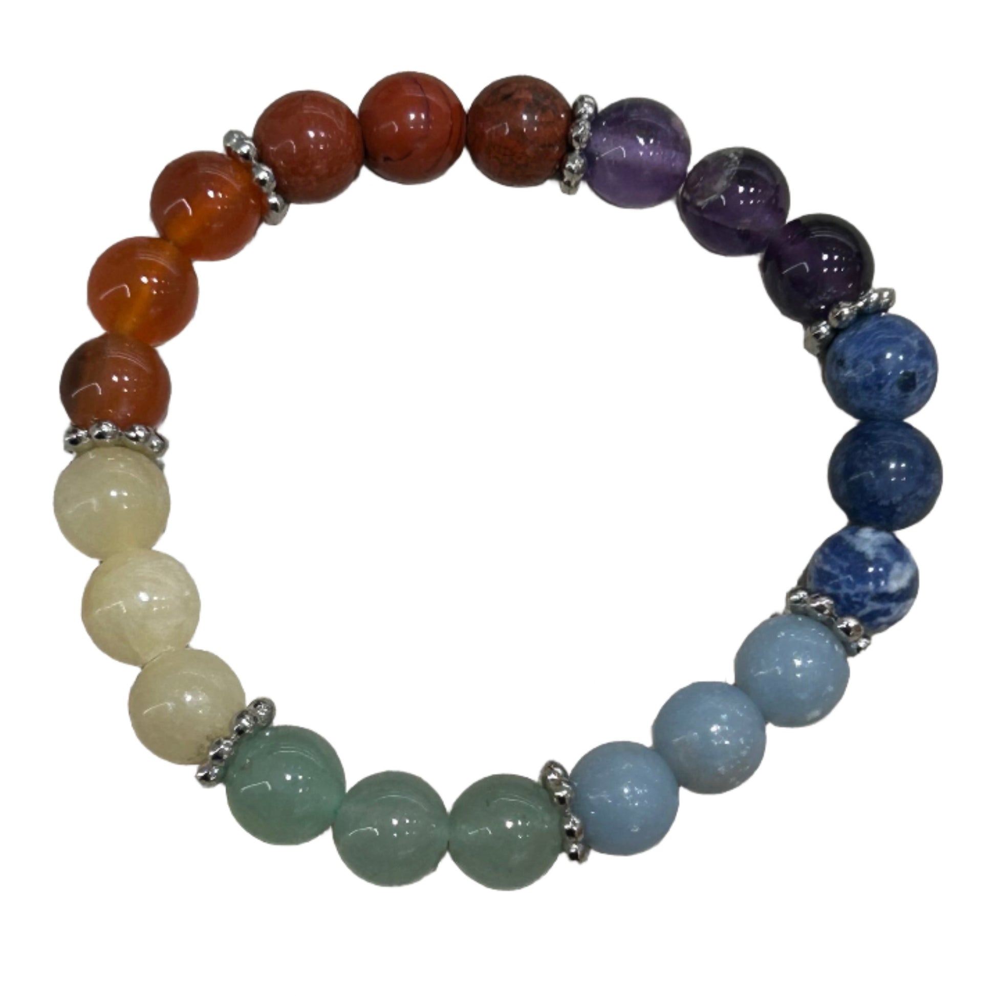 Energy Center bracelet with 8mm colorful beads and flower spacers, showcasing spiritual balance and style.