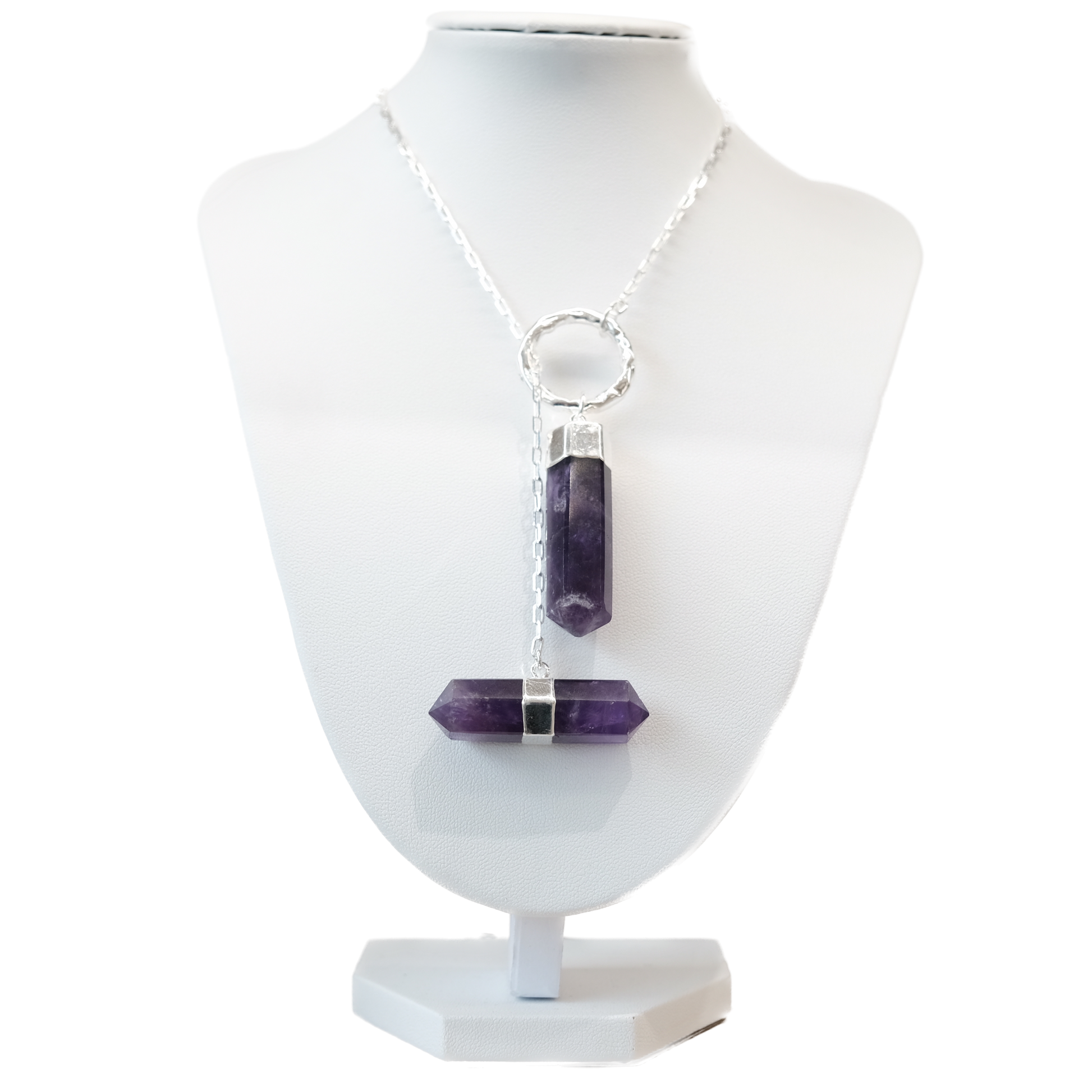 Amethyst Point Necklace on display bust, features double gemstone points promoting stress relief and spiritual clarity.