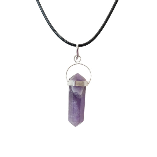 Amethyst double terminated pendant necklace on a black cord, promoting stress relief and heightened consciousness.