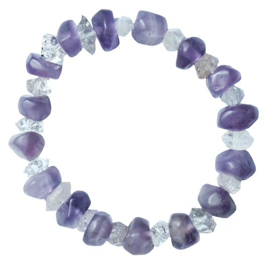 Amethyst Herkimer bracelet with natural gemstones for stress relief and spiritual enhancement, featuring purple and clear crystals.