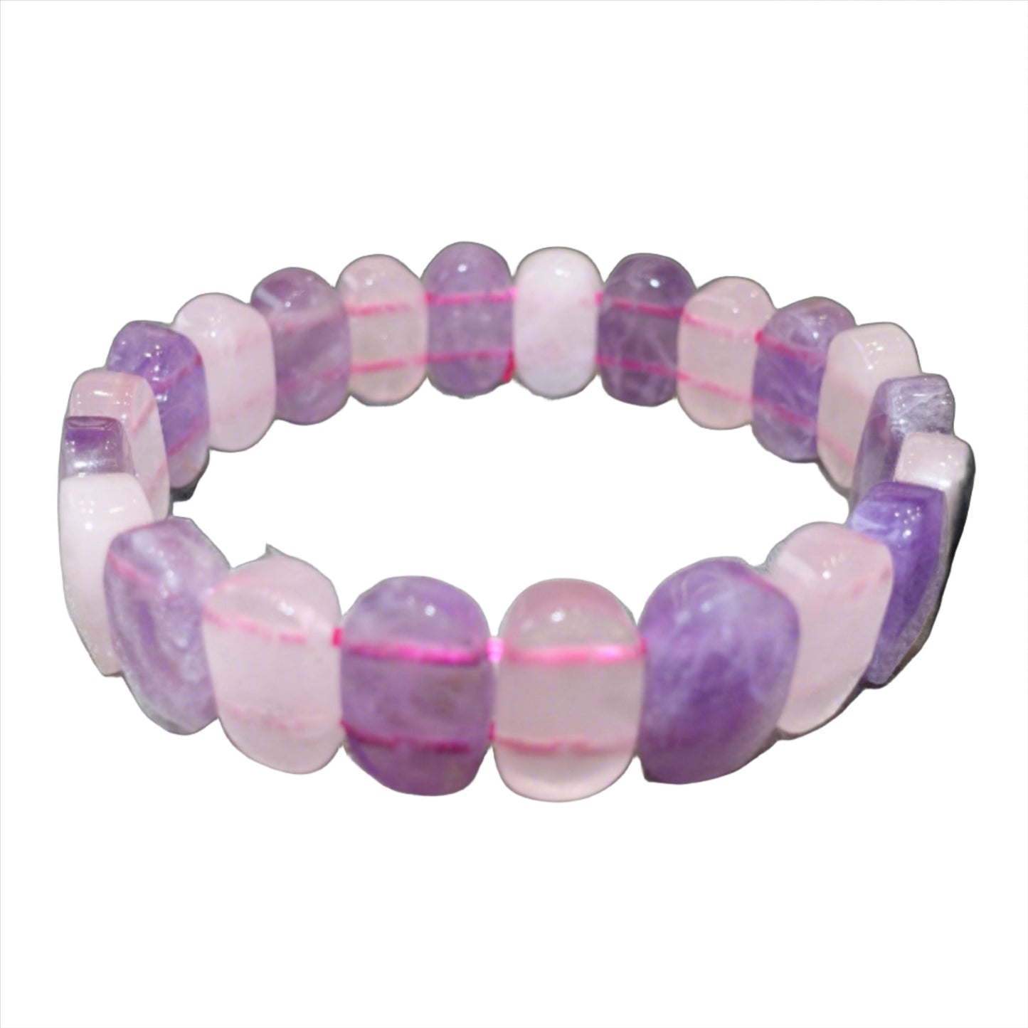 Amethyst and Rose Quartz Bracelet with 14MM beads featuring alternating purple and pink stones on a stretchy band.