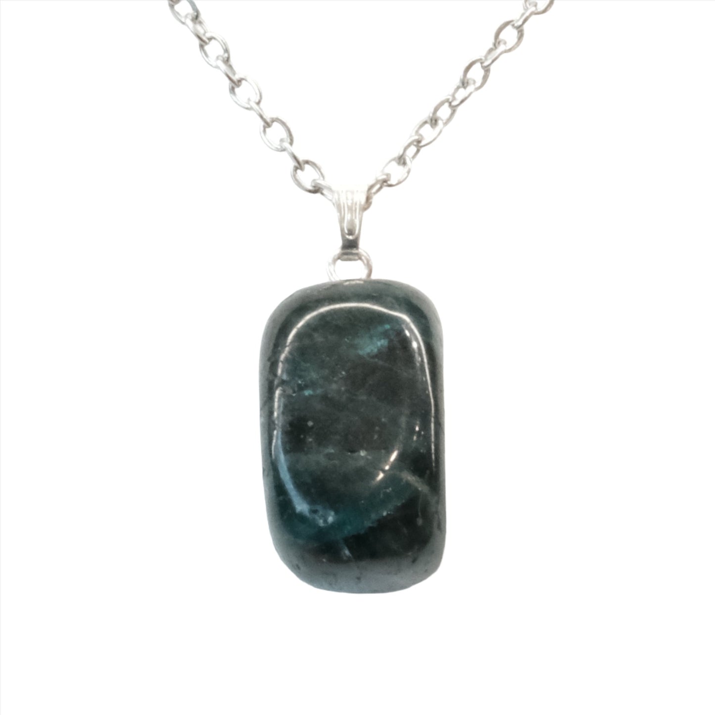 Apatite tumble stone pendant necklace on silver chain, perfect for meditation and enhancing self-expression.