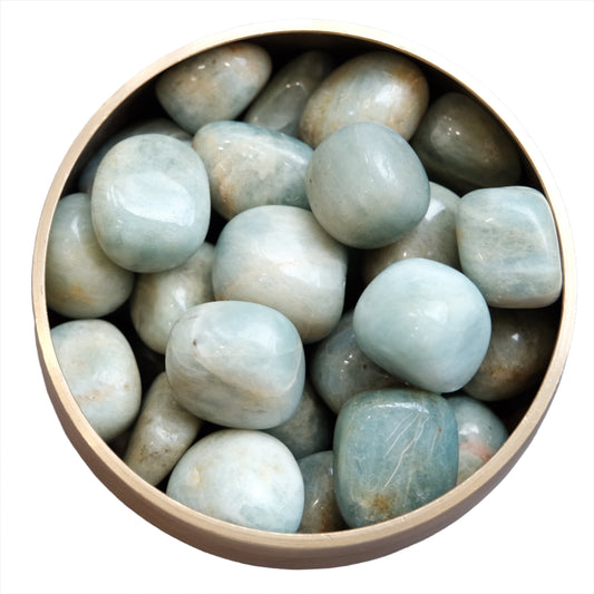 Aquamarine tumble stones 20-30mm in a round container, promoting calmness and stress relief.