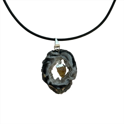 Agate Slice with Citrine Hanging Pendant Necklace
