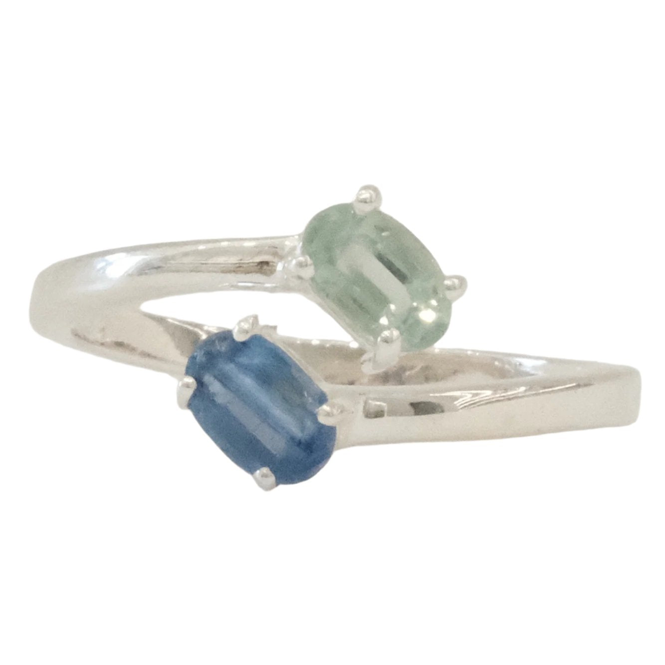 Blue and green kyanite silver ring, size 7, featuring powerful stone for meditation and tranquility.
