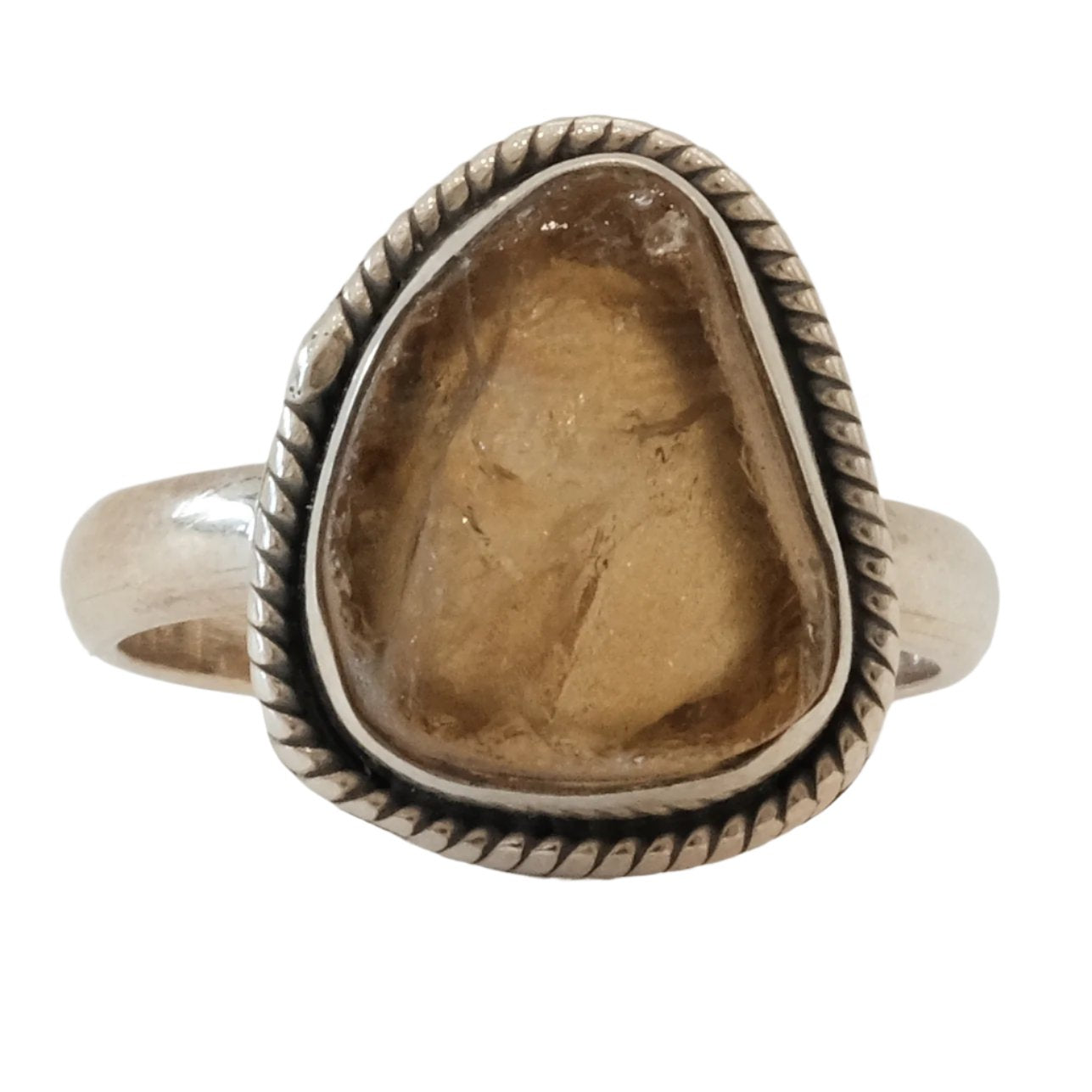 Citrine rough sterling silver ring size 6, known for boosting intuition and attracting prosperity with its energizing crystal properties.