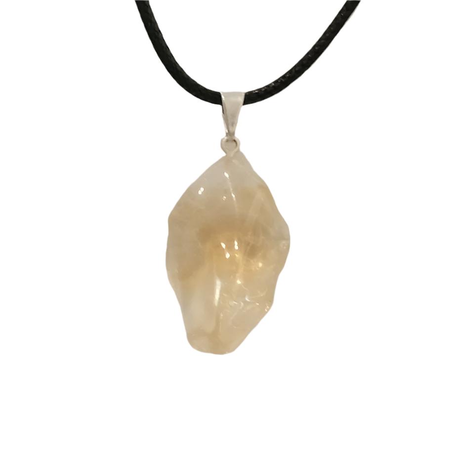 Citrine tumble pendant necklace with energizing crystal on a black cord, enhancing intuition and promoting prosperity.