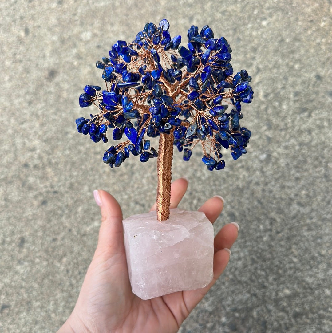 Lapis Lazuli Tree of Life with 414 Crystals Rose Quartz Base