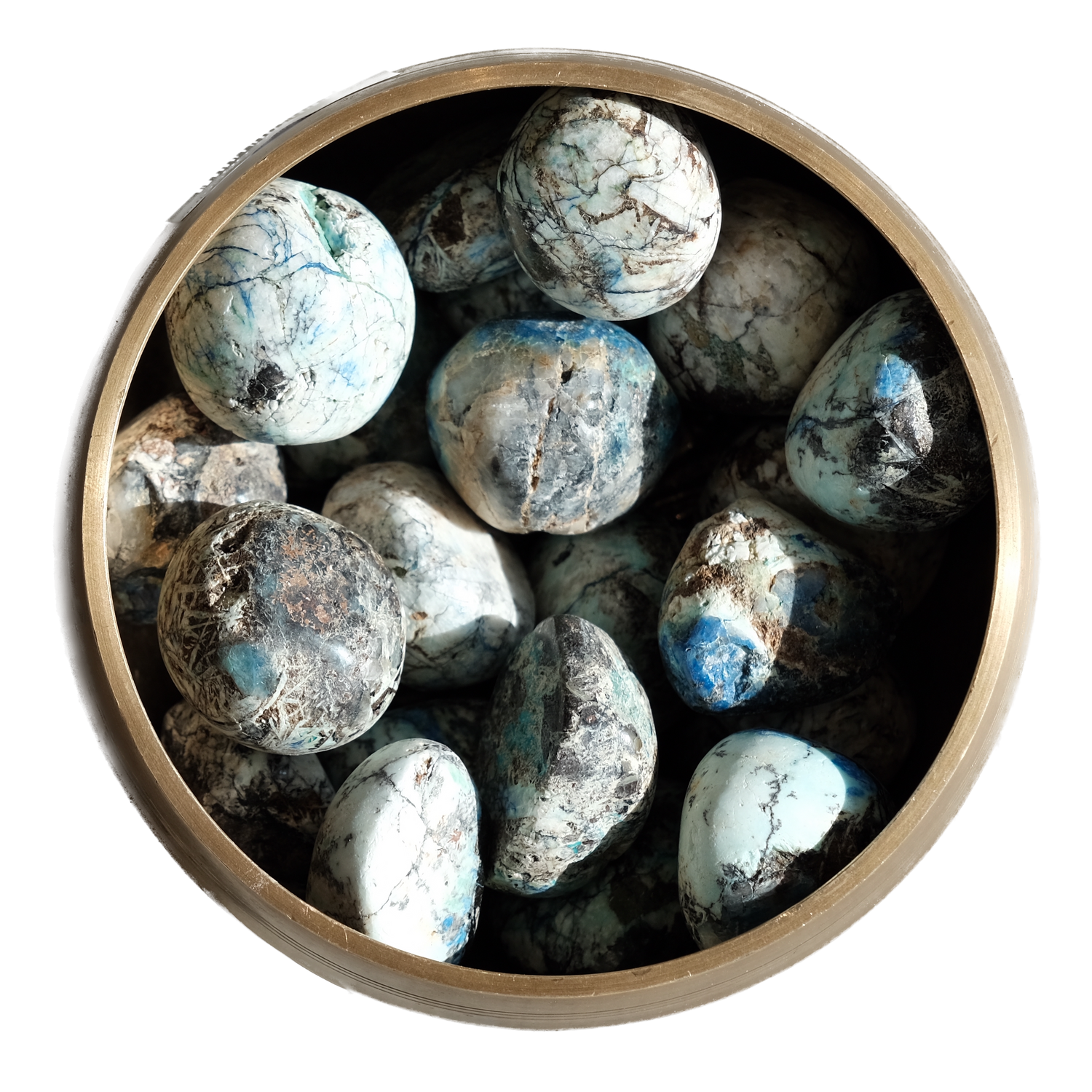 Azurite tumbled stones with striking blue hue for mental clarity and emotional empowerment, dispelling negative energies.