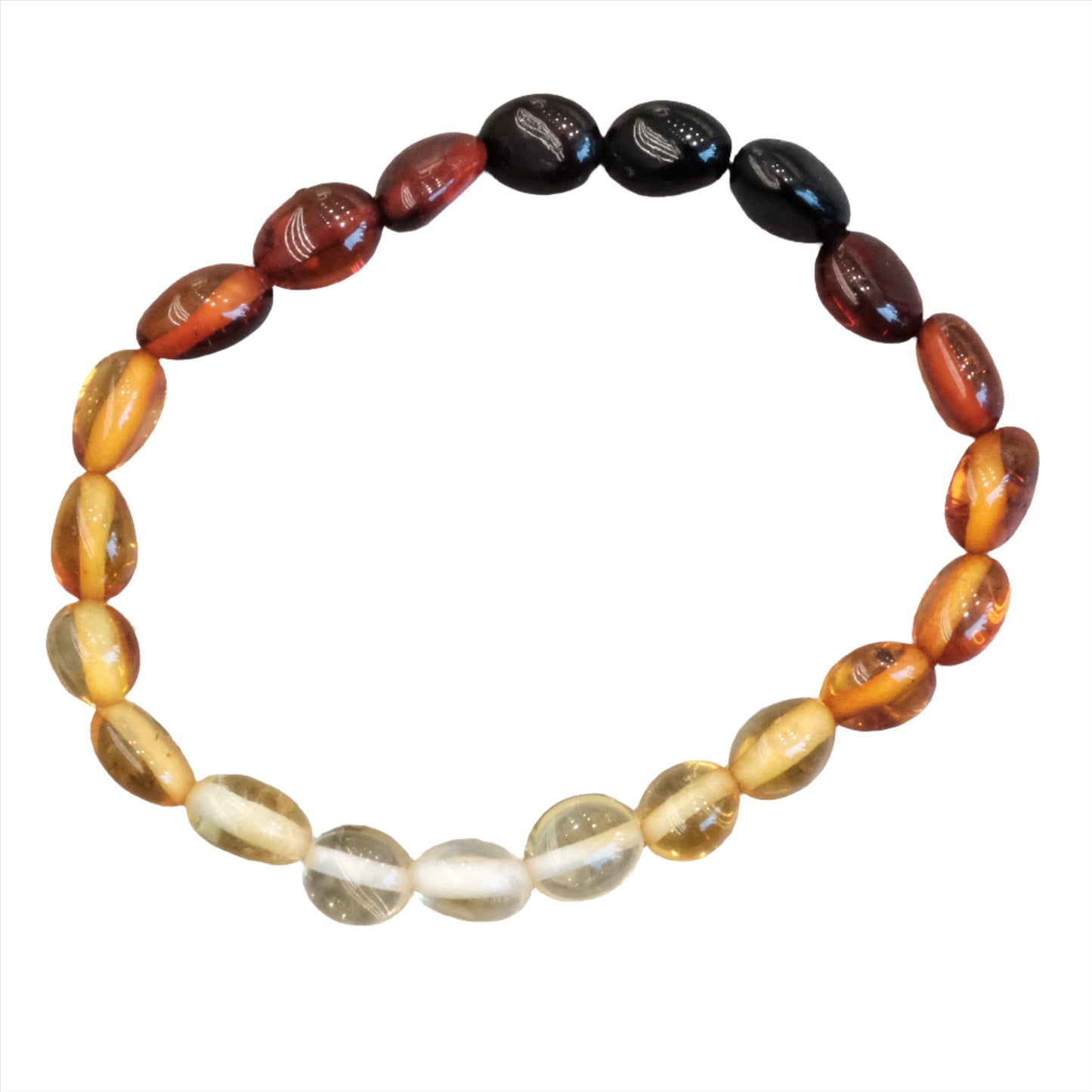 Amber tri-color ombre stretch bracelet for children with healing properties and stress-relief benefits.