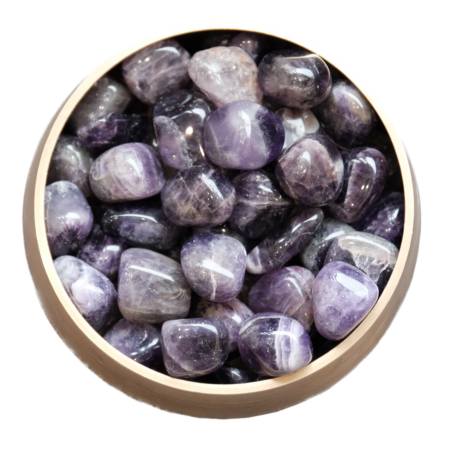 Assortment of polished amethyst tumbled stones in a wooden bowl, varying shades of purple for spiritual awareness and stress relief.