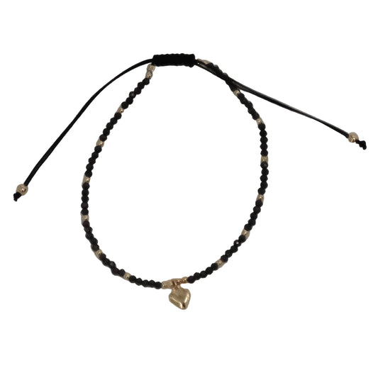 Shungite Faceted Beads with Heart Charm Drawstring Adjustable Bracelet