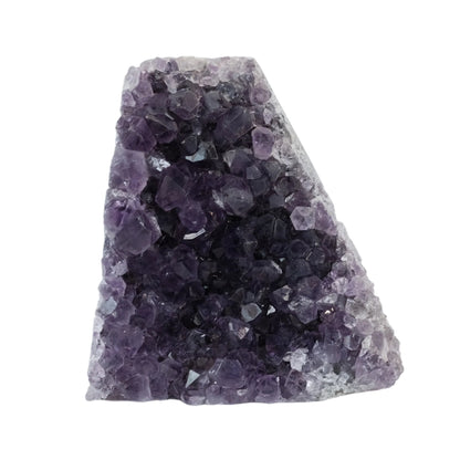 Amethyst Cut Base Geode with deep purple crystals for calming energy and mood stabilization.