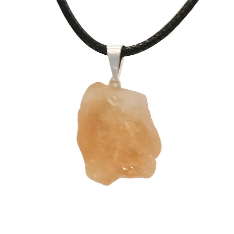 Citrine rough pendant necklace with a black cord, known to energize and enhance intuition, attract wealth, and boost self-confidence.