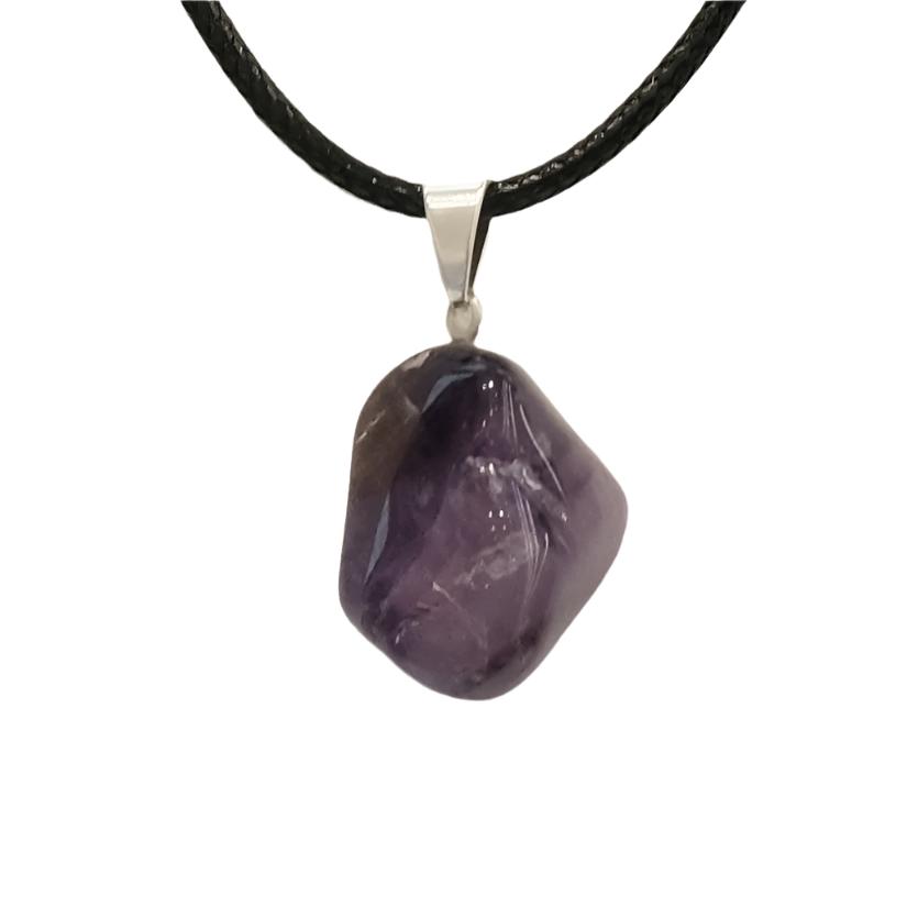 Amethyst tumble stone pendant necklace on black cord, natural tranquilizer and stress reliever, promotes clarity and spiritual growth.