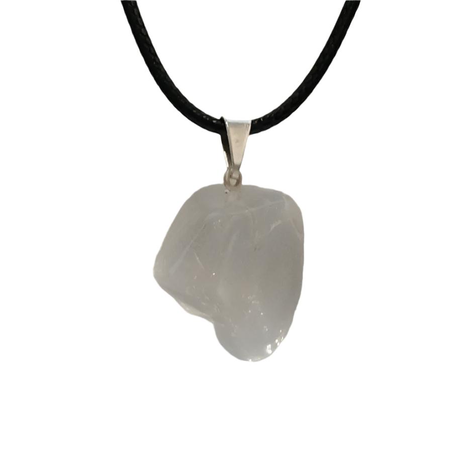 Clear Quartz Tumble Pendant Necklace on black cord, energy amplifier and balancer, enhances concentration and memory.