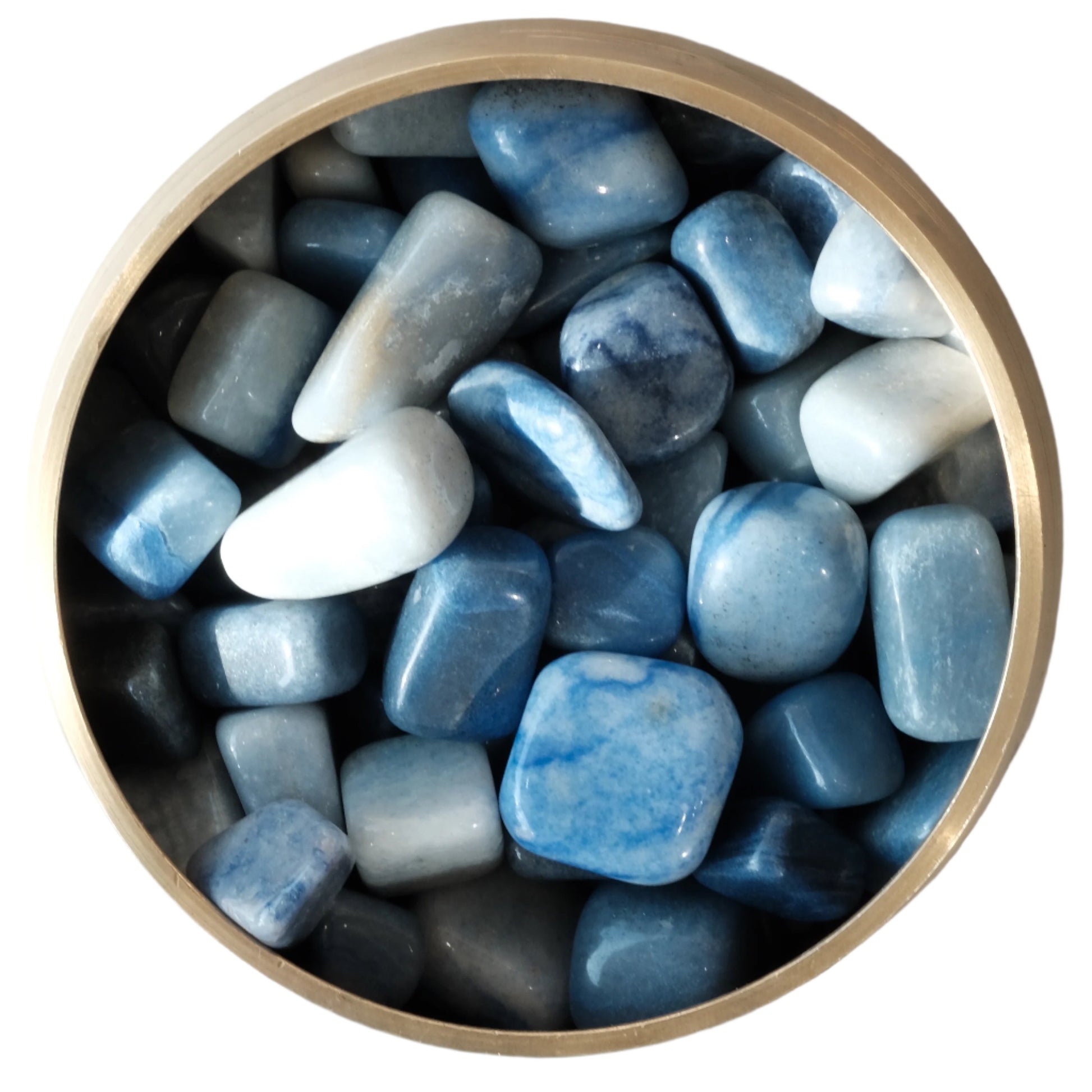 Dumortierite tumbled stones in a round wooden bowl, showcasing blue and gray hues for calming and harmonizing energy.