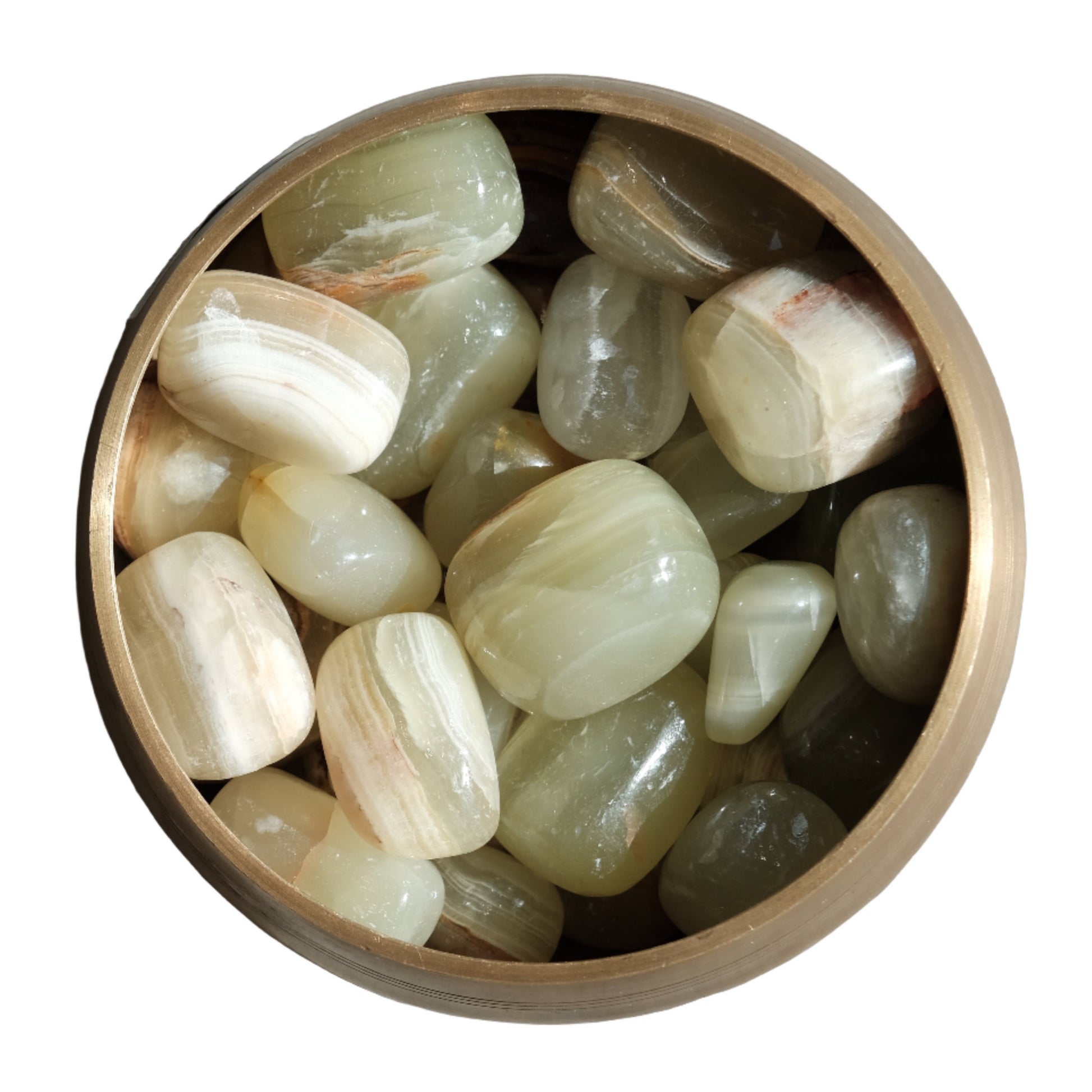 Bowl of polished green onyx tumbled stones for energy and strength.