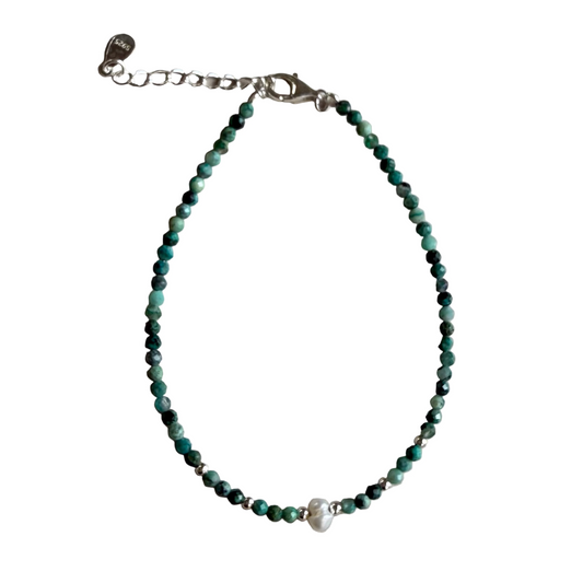 Chrysocolla 2mm Faceted Stone Bead with 3-4 mm Fresh Water Pearl Bracelet