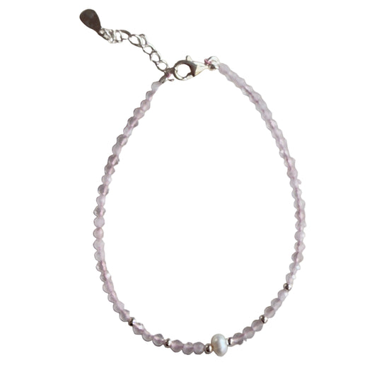 Rose Quartz 2mm Faceted Stone Bead with 3-4 mm Fresh Water Pearl Bracelet - Love, Healing & Inner Peace