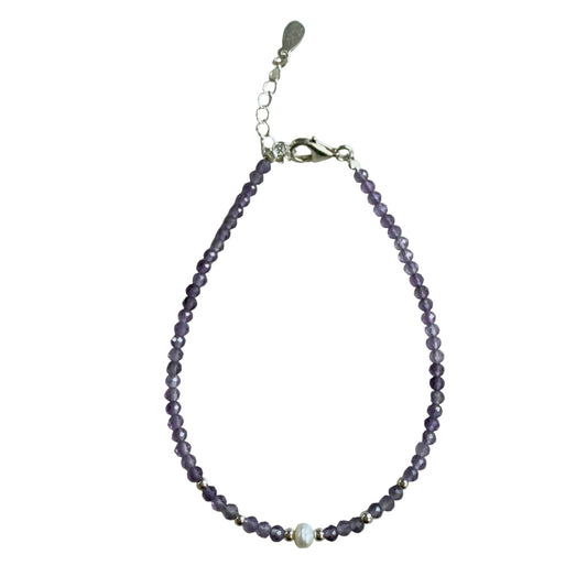 Amethyst 2mm Faceted Stone Bead with 3-4 mm Fresh Water Pearl Bracelet - Spiritual Insight, Inner Calm & Deep Healing