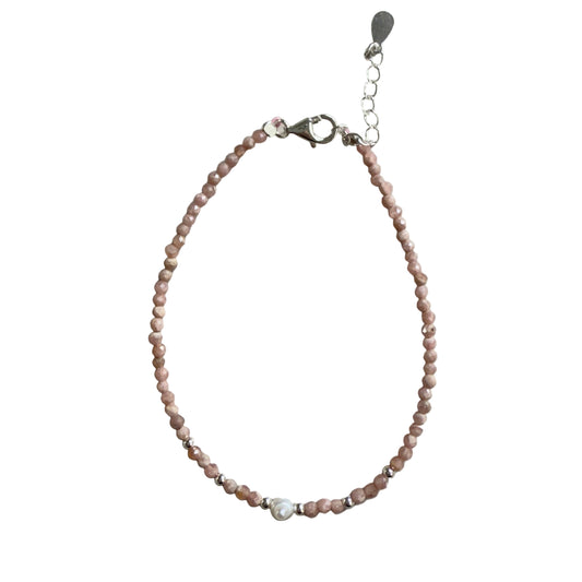 Rhodochrosite 2mm Faceted Stone Bead with 3-4 mm Fresh Water Pearl Bracelet - Deep Heart Healing & Emotional Breath